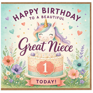 Great Niece 1st Birthday Card, Happy Birthday to a Beautiful Great Niece Today Unicorn Cake Design