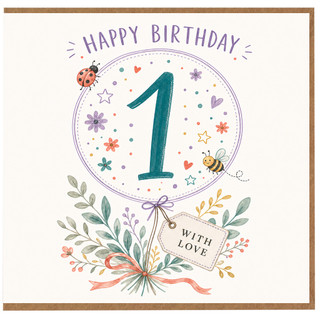 1st Birthday Card, Cute Floral Ladybird and Bee Happy Birthday Card, With Love