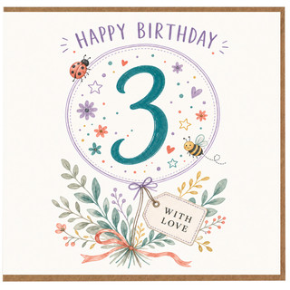 3rd Birthday Card, Floral Number 3 Happy Birthday Card With Love