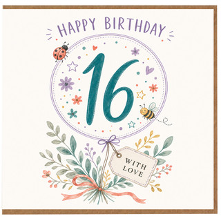 16th Birthday Card, Floral Happy Birthday Card With Love Tag