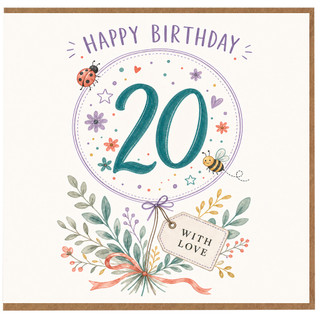 20th Birthday Card, Happy Birthday Card with Floral Number 20 Design