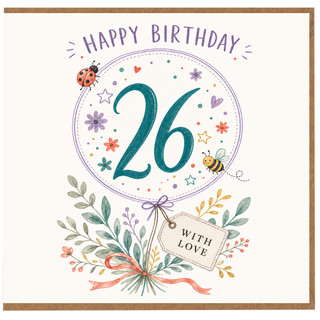 26th Birthday Card, Happy Birthday 26 Floral and Bee Design With Love
