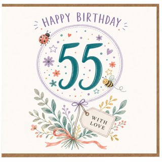 55th Birthday Card, Floral Happy Birthday Card for Her, Cute Ladybird and Bee Design