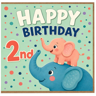 2nd Birthday Card, Cute Elephant Happy Birthday Card