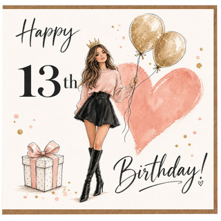 13th Birthday Card for Girl, Happy Birthday Fashionable Girl with Balloons and Gift Design