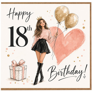 18th Birthday Card for Her, Happy Birthday Card with Girl, Balloons and Gift
