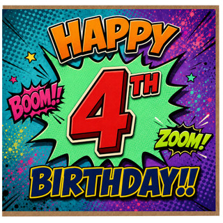 4th Birthday Card, Comic Book Style Happy 4th Birthday Card