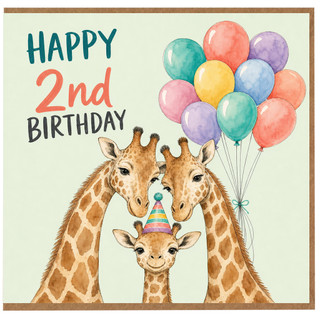 2nd Birthday Card for Child, Cute Giraffe Family with Balloons