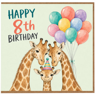 8th Birthday Card, Cute Giraffe Family with Balloons