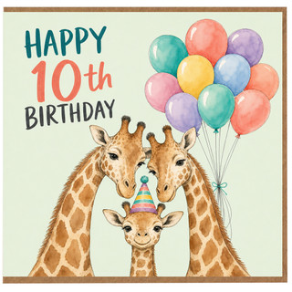 10th Birthday Card for Child, Cute Giraffe Balloon Design