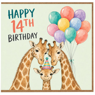 14th Birthday Card, Cute Giraffe Family Birthday Card with Balloons