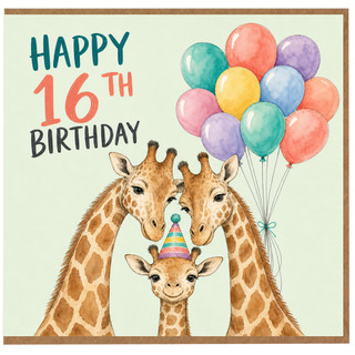 16th Birthday Card with Giraffes and Balloons