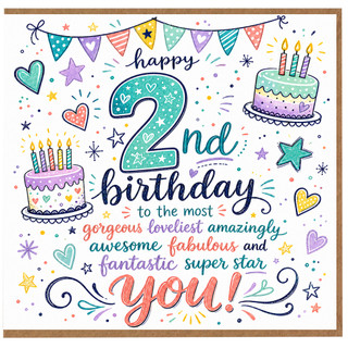 2nd Birthday Card, Cute Birthday Cake and Party Banner Design