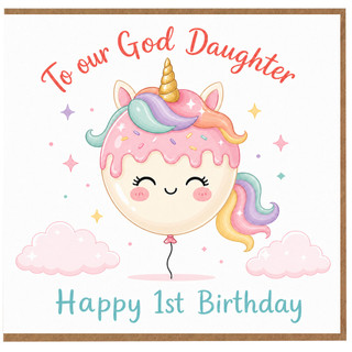 Goddaughter 1st Birthday Card, To Our God Daughter Unicorn Balloon Birthday Card