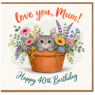 Mum 40th Birthday Card, Love You Mum Cat and Flowers Card