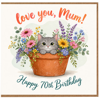 70th Birthday Card for Mum, Cute Cat in Flower Pot Design