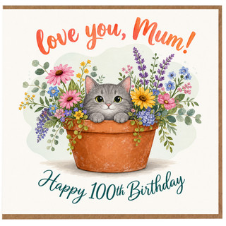 Mum 100th Birthday Card, Cute Cat in Flower Pot Design