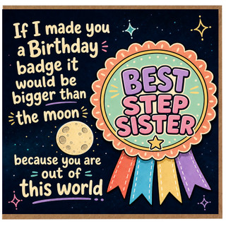 Step Sister Birthday Card with playful ribbon badge reading BEST STEP SISTER and the message If I made