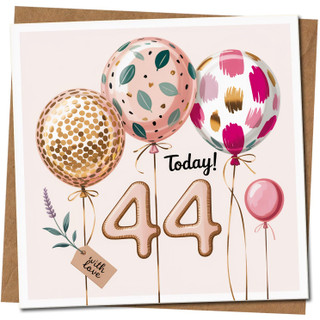 44 Today Birthday Card - Elegant Balloon Design - Age 44 Greeting Card - 145mm x 145mm Square - For Him Her Friend, Includes Kraft Envelope