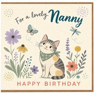 Nanny Birthday Card, For a Lovely Nanny Happy Birthday Cat and Flowers Card