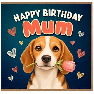 Mum Birthday Card, Cute Beagle with Flower and Hearts