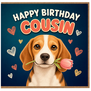 Cousin Birthday Card, Cute Beagle with Tulip and Hearts
