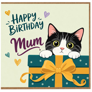 Mum Birthday Card, Cute Cat in Gift Box Happy Birthday Card