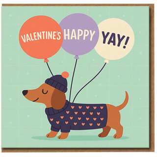 Cute Dachshund Valentine’s Day Card with Balloons - Heart Jumper Dog Illustration - Happy Yay - Love/Anniversary Card for Couples, Partner or Dog Lover