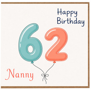 Nanny 62nd Birthday Card, Happy Birthday Balloon Number 62 Card