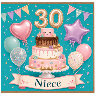 30th Birthday Card for Niece, Cute Cake and Balloons Design