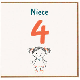 Niece 4th Birthday Card, Cute Girl Illustration Birthday Card