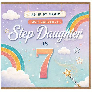 7th Birthday Card for Step Daughter, Rainbow Clouds and Magic Wand Design