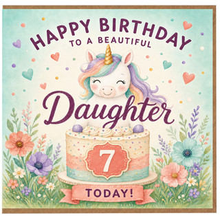 7th Birthday Card for Daughter, Cute Unicorn Birthday Card