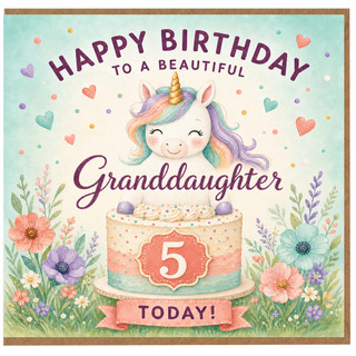 Granddaughter 5th Birthday Card, Unicorn Birthday Card