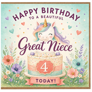 Great Niece 4th Birthday Card, Unicorn Birthday Card