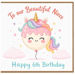 Niece 6th Birthday Card, To Our Beautiful Niece Unicorn Balloon Birthday Card