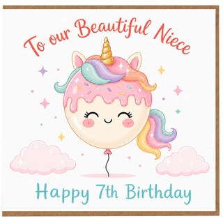 Niece 7th Birthday Card, Cute Unicorn Balloon Birthday Card