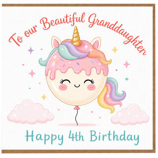 Granddaughter 4th Birthday Card, Cute Unicorn Balloon Happy Birthday Card