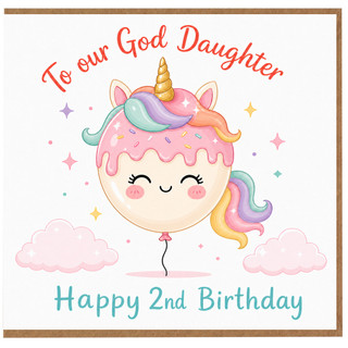God Daughter 2nd Birthday Card, Unicorn Balloon Happy Birthday Card
