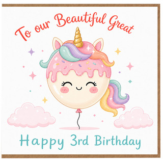 Great Niece 3rd Birthday Card, Cute Unicorn Birthday Card for a Beautiful Great Girl