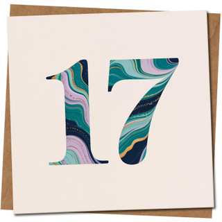 17th Birthday Card, 145mm Square, Marble Number Design on Cream, Includes Kraft Envelope