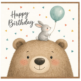 Happy Birthday Card, Cute Bear and Rabbit Birthday Card