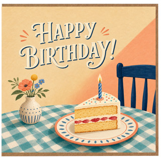Happy Birthday Card, Retro Cake and Flowers Birthday Card