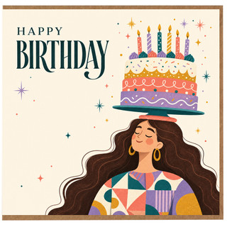 Happy Birthday Card, Colourful Illustrated Woman with Birthday Cake Design