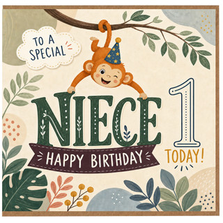 1st Birthday Card for Niece, Cute Monkey Jungle Birthday Card