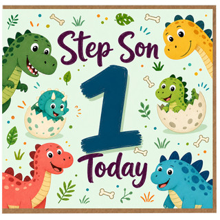 Step Son 1st Birthday Card, Cute Dinosaur Birthday Card for Step Son