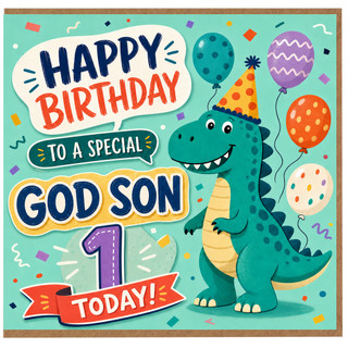 1st Birthday Card for Son, Happy Birthday to a Special God Son, Dinosaur Birthday Card