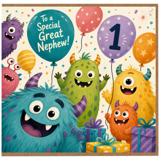 Great Nephew 1st Birthday Card, Cute Monster Party Card