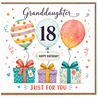 Granddaughter 18th Birthday Card, Happy Birthday Balloon and Gifts Design