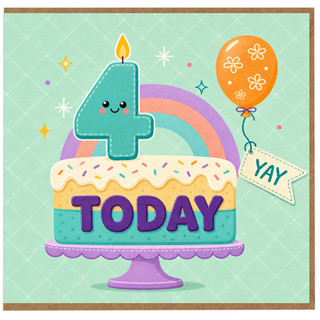 4th Birthday Card, Cute Birthday Cake Design with Number 4
